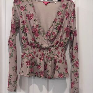 Guess Rose-Print Long Sleeve Peplum Top in Mauve and Pink
